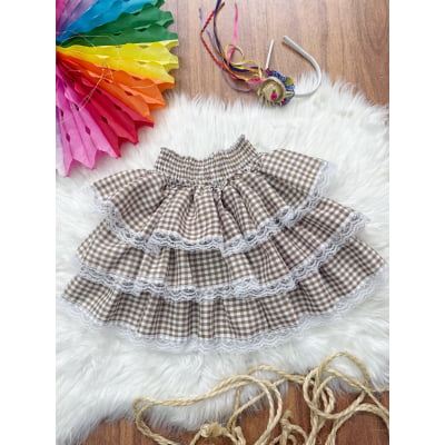 Saia Junina Arraiá Festas Bege Xadrez