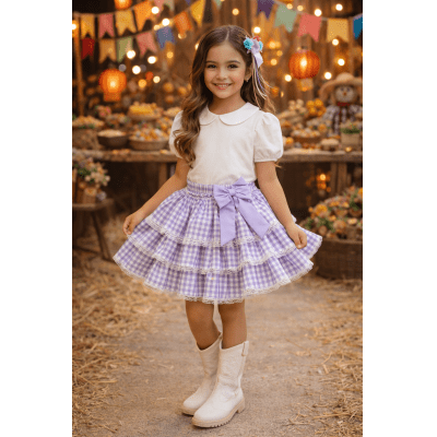 Saia Meninas Junino Arraiá Festas Lilás Xadrez
