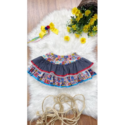 Saia Meninas Caipira Junino Preta Estampa Circo Colorida