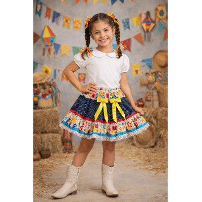 Saia Meninas Caipira Junino Preta Estampa Circo Colorida