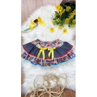 Saia Meninas Caipira Junino Preta Estampa Circo Colorida