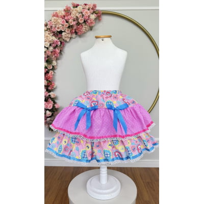 Saia Meninas Caipira Junino Rosa Colorida Flores