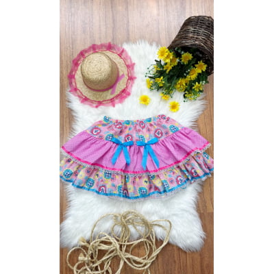 Saia Meninas Caipira Junino Rosa Colorida Flores