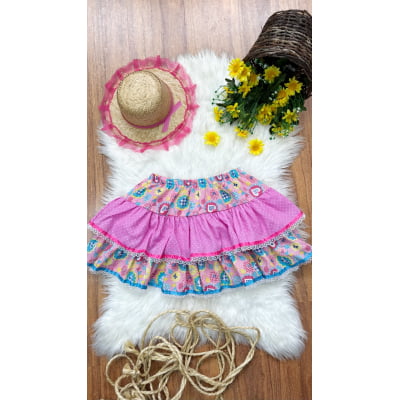 Saia Meninas Caipira Junino Rosa Colorida Flores