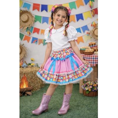 Saia Infantil Meninas Junino Caipira Rosa Colorida Flores