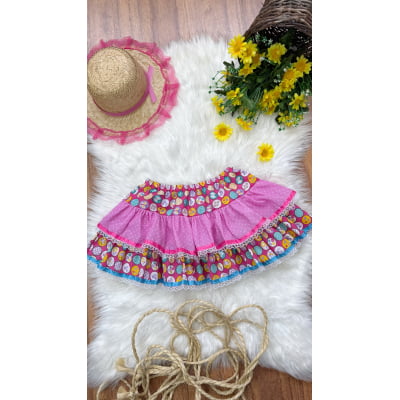 Saia Infantil Meninas Junino Caipira Rosa Colorida Flores