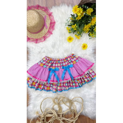 Saia Infantil Meninas Junino Caipira Rosa Colorida Flores