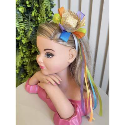 Tiara Junina Infantil Branca com Chapéu de Palha com fitas coloridas