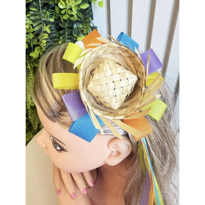 Tiara Junina Infantil Branca com Chapéu de Palha com fitas coloridas