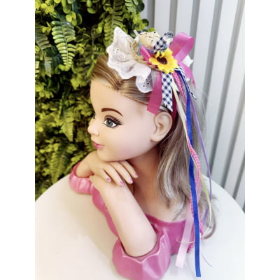 Tiara Junina Infantil Pink com Chapéu de Palha e Girassol