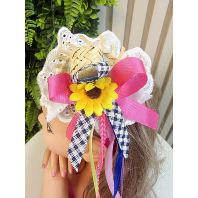 Tiara Junina Infantil Pink com Chapéu de Palha e Girassol