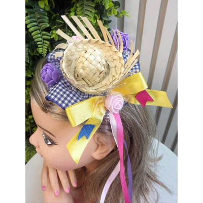 Tiara Junina Infantil Rosa com Chapéu de Palha e Girassol