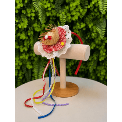 Tiara Junina Infantil Vermelha com Chapéu de Palha e Girassol Tiara Junina Infantil Vermelha com Chapéu de Palha e Girassol