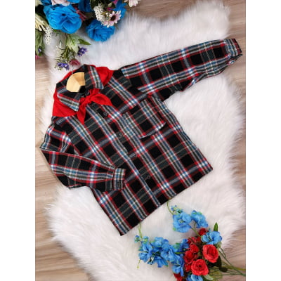 Camisa Xadrez Menino Flanelada Junino Preto Branco Vermelho C/ Lenço