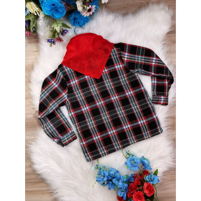 Camisa Xadrez Menino Flanelada Junino Preto Branco Vermelho C/ Lenço