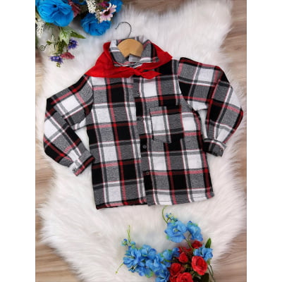 Camisa Xadrez Menino Flanelada Junino Preto Vermelho Branco C/ Lenço