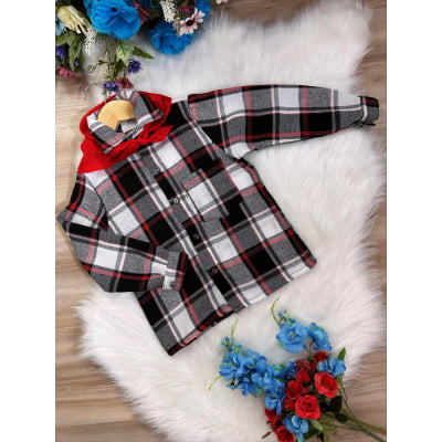 Camisa Xadrez Menino Flanelada Junino Preto Vermelho Branco C/ Lenço