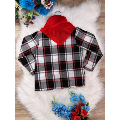 Camisa Xadrez Menino Flanelada Junino Preto Vermelho Branco C/ Lenço
