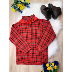 Camisa Xadrez Junino Vermelha Listas Pretas e Cinzas