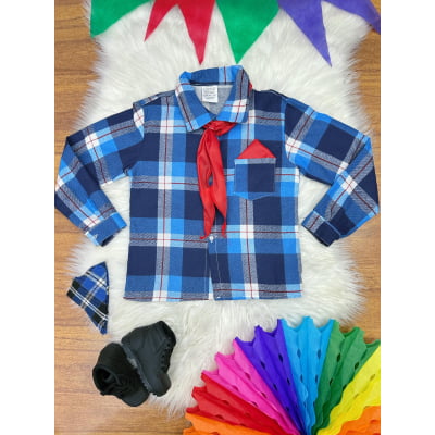 Camisa Flanelada Xadrez Junino Azul C/ Lenço e Gravata
