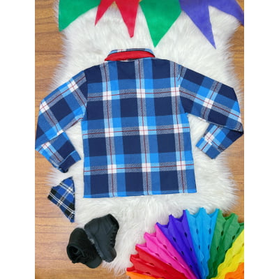 Camisa em Algodãozinho Xadrez Junino Azul C/ Lenço e Gravata