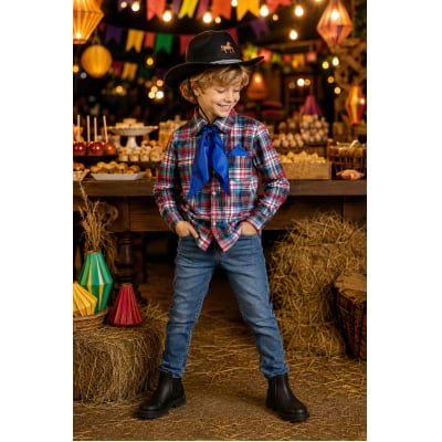 Camisa Flanelada Xadrez Junino Verde e Vermelho C/ Lenço e Gravata