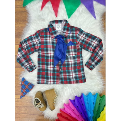 Camisa Flanelada Xadrez Junino Verde e Vermelho C/ Lenço e Gravata