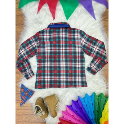 Camisa Flanelada Xadrez Junino Verde e Vermelho C/ Lenço e Gravata