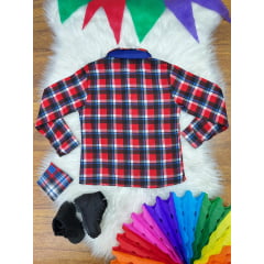 Camisa Flanelada Xadrez Junino Vermelho e Azul C/ Lenço e Gravata