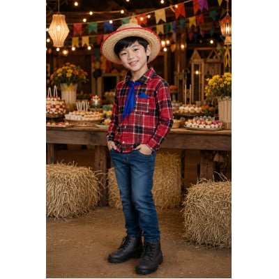 Camisa Flanelada Xadrez Junino Vermelho e Preto C/ Lenço e Gravata Camisa Flanelada Xadrez Junino Vermelho e Preto C/ Lenço e Gravata