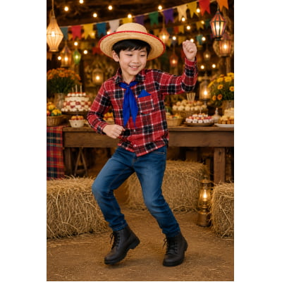 Camisa Flanelada Xadrez Junino Vermelho e Preto C/ Lenço e Gravata