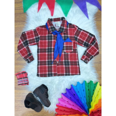 Camisa Flanelada Xadrez Junino Vermelho e Preto C/ Lenço e Gravata