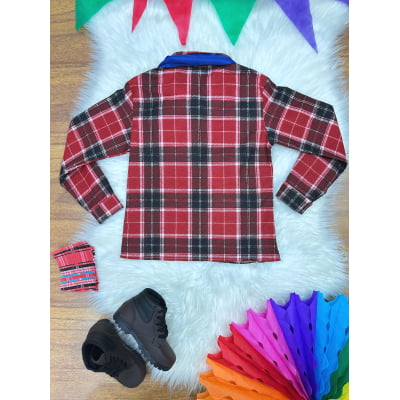 Camisa em Algodãozinho Xadrez Junino Vermelho e Preto C/ Lenço e Gravata