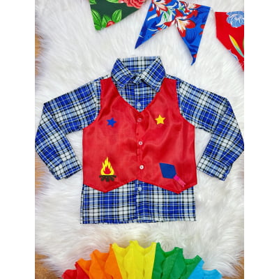 Camisa Menino em Poliéster Fantasia Quadrilha Junino Festa Azul Camisa Menino em Poliéster Fantasia Quadrilha Junino Festa Azul