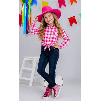 Camisa Infantil Meninas Flanelada Xadrez Junina Arraiá Pink