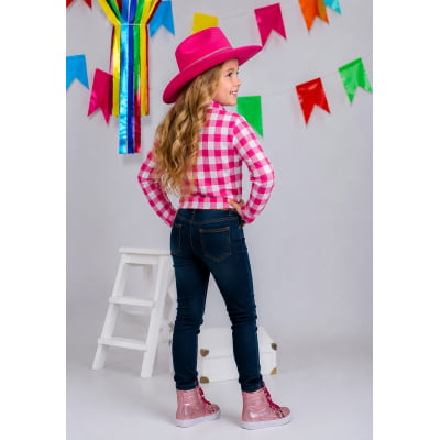 Camisa Infantil Meninas Flanelada Xadrez Junina Arraiá Pink
