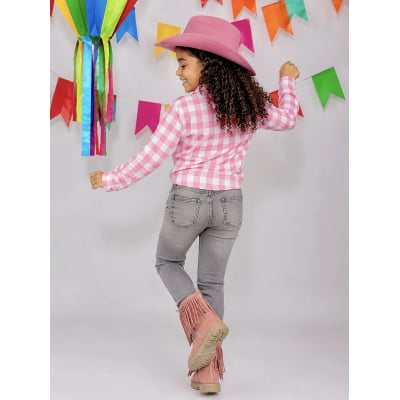 Camisa Infantil Meninas Rosa Claro Flanelada Xadrez Junina Arraiá
