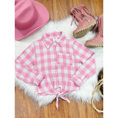Camisa Infantil Meninas Rosa Claro Flanelada Xadrez Junina Arraiá