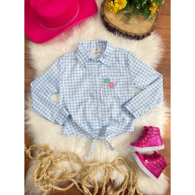 Camisa Infantil Meninas Xadrez Junina Azul e Branco