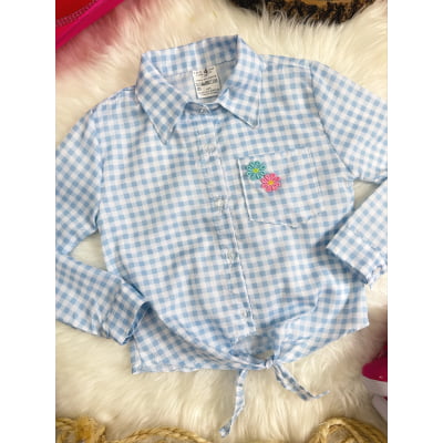 Camisa Infantil Meninas Xadrez Junina Azul e Branco