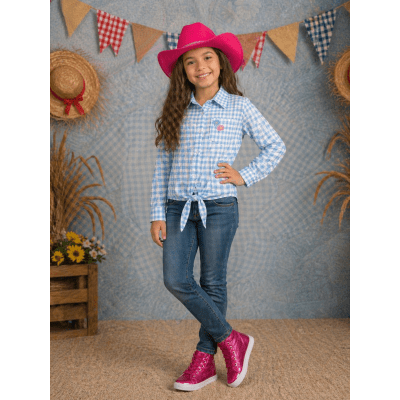 Camisa Infantil Meninas Xadrez Junina Azul e Branco