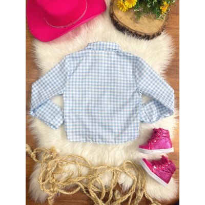 Camisa Infantil Meninas Xadrez Junina Azul e Branco