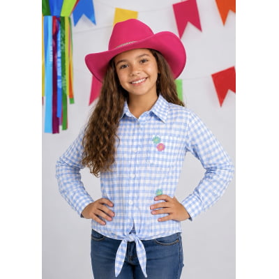 Camisa Infantil Meninas Xadrez Poliéster Junina Azul e Branco Camisa Infantil Meninas Xadrez Poliéster Junina Azul e Branco