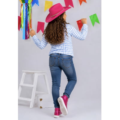 Camisa Infantil Meninas Xadrez Poliéster Junina Azul e Branco