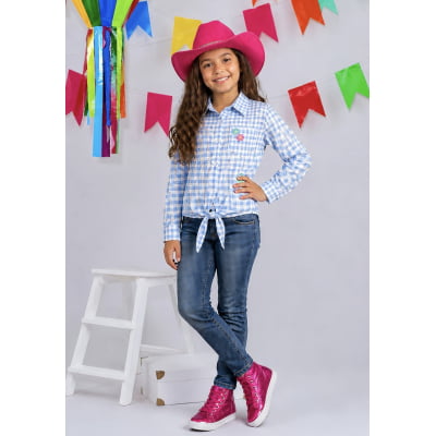 Camisa Infantil Meninas Xadrez Poliéster Junina Azul e Branco