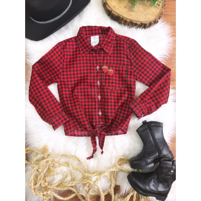 Camisa Infantil Meninas Xadrez Junina Preto e Vermelho