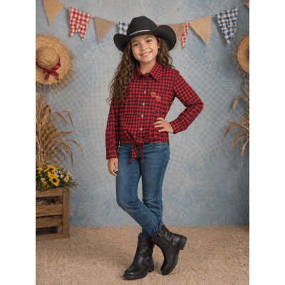 Camisa Infantil Meninas Xadrez Junina Preto e Vermelho