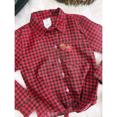 Camisa Infantil Meninas Xadrez Junina Preto e Vermelho