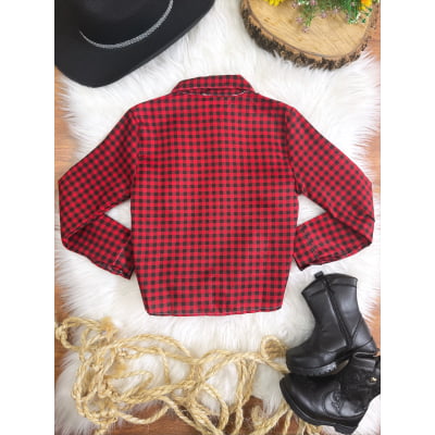 Camisa Infantil Meninas Xadrez Junina Preto e Vermelho