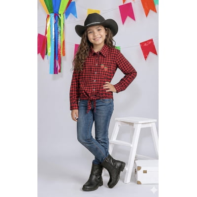 Camisa Infantil Meninas Xadrez Poliéster Junina Preto e Vermelho